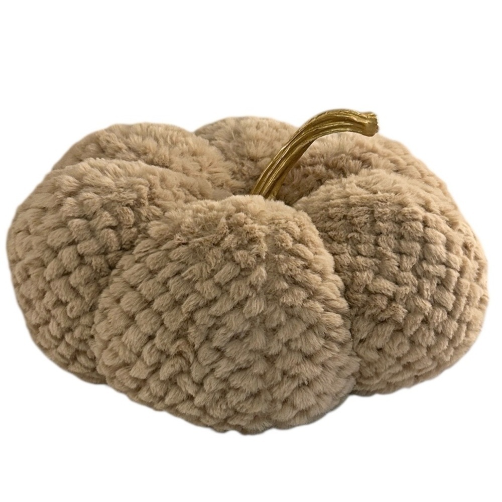 Plush Throw Accent Pillow Tan Minimalist Fall Winter Pumpkin with Gold‎ Stem